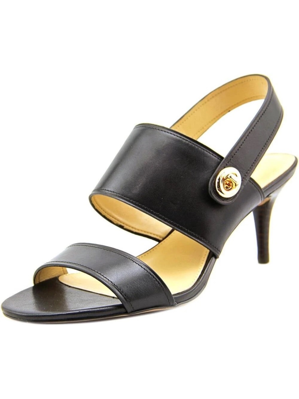 Coach Marla Black Leather Double-Strap Slingback Heel with Gold Button | 9